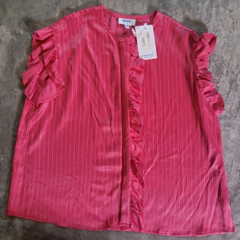 KOCH Blouse Button Up Small Pink White Stripe Ruffle Cap Sleeves  Feminine